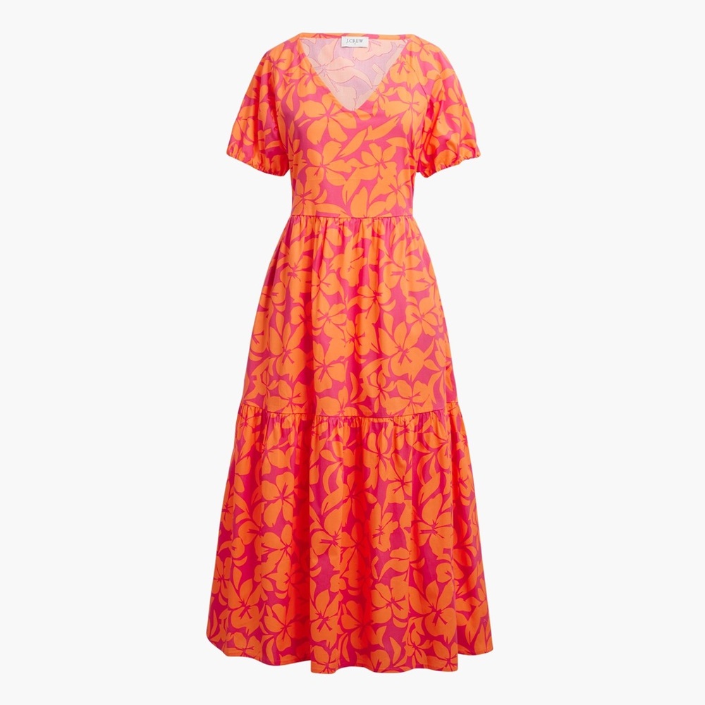 J.Crew Factory Tiered Midi Dress with Puff Sleeves - Guava Fresh Cantaloupe